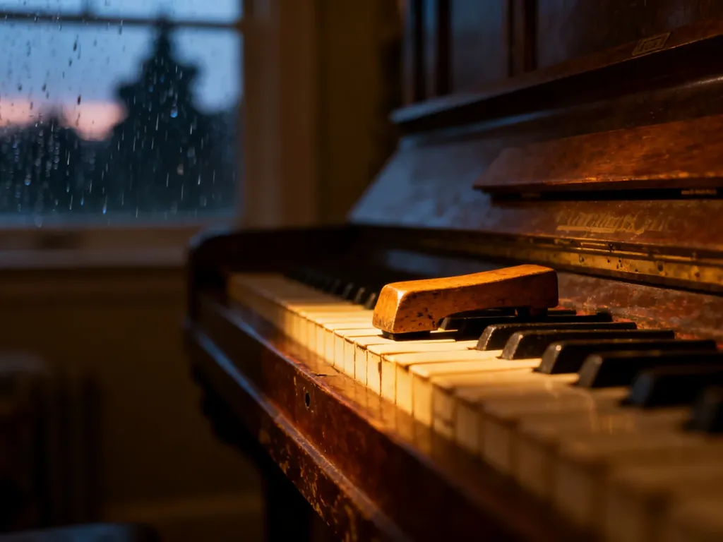 Zbliżenie na klawisz starego pianina w przytulnym, przyciemnionym pokoju, budujące melancholijny nastrój utworu.