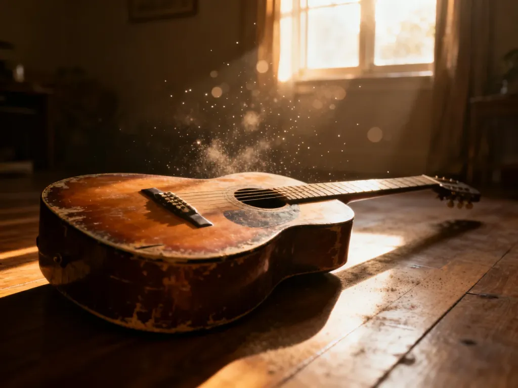 Stara gitara akustyczna na drewnianej podłodze w przytulnym, nostalgicznym pokoju, oddająca melancholijny nastrój utworu.