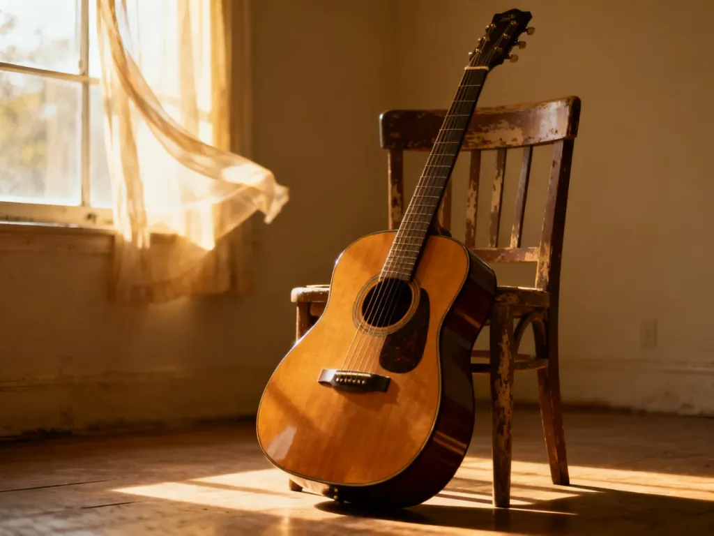 Akustyczna gitara oparta o drewniane krzesło w słonecznym pokoju, przywołująca nostalgiczny klimat utworu.