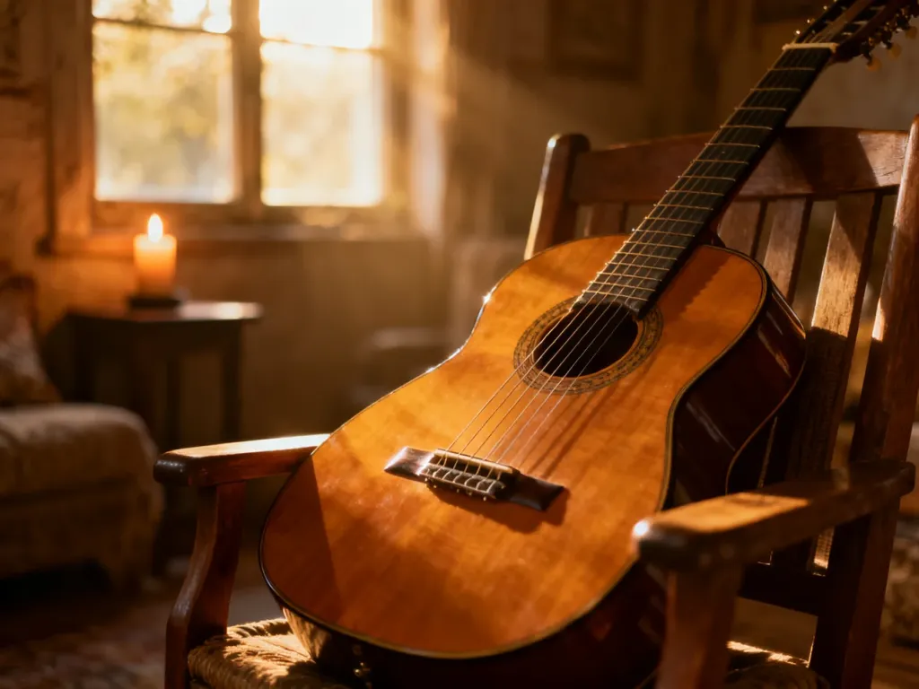 Klasyczna gitara akustyczna w przytulnym, słonecznym pokoju, budująca romantyczny nastrój utworu „Perfect”.