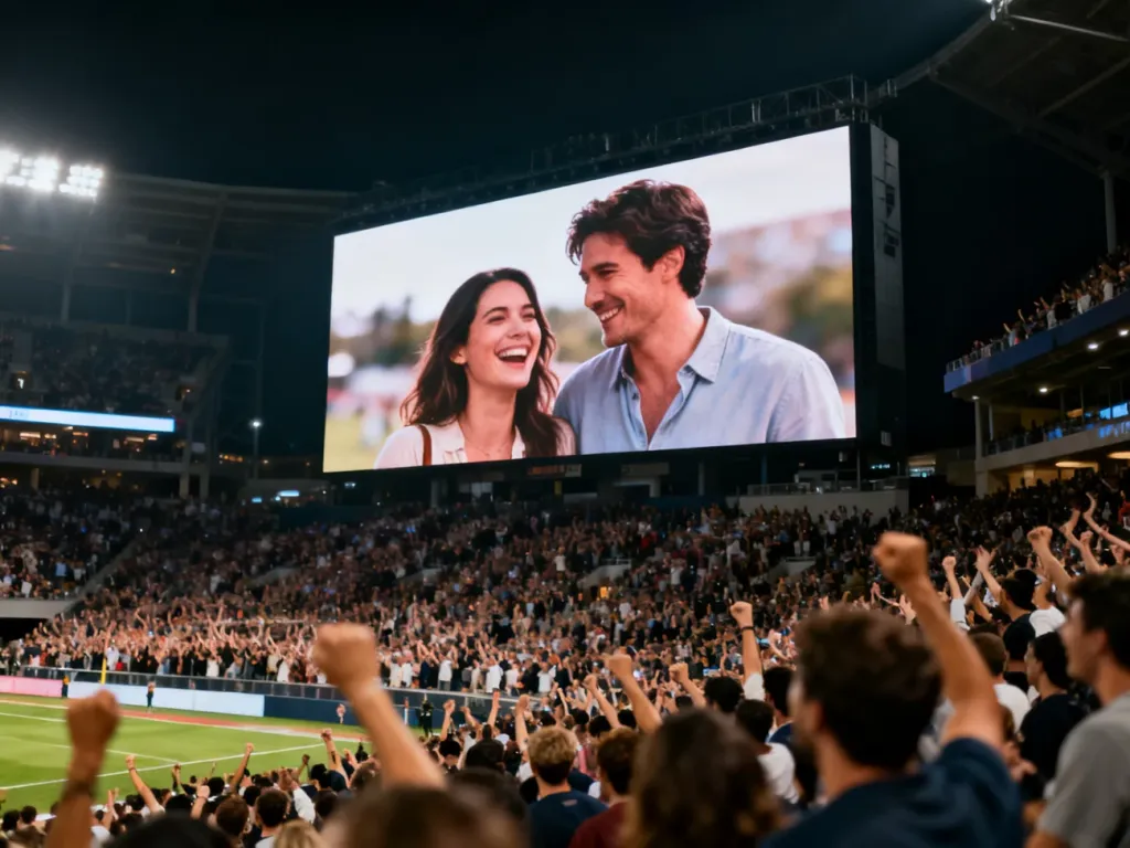 Radosna para uchwycona na wielkim ekranie stadionu podczas zabawy typu kiss cam, wywołująca entuzjazm wśród publiczności.