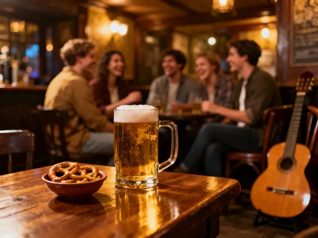 Kufel piwa i precelki na drewnianym stole w przytulnym pubie, w tle znajomi śpiewają i biesiadują przy gitarze.
