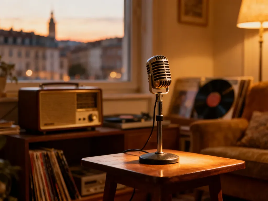 Stary mikrofon radiowy w ciepłym świetle, nostalgiczny klimat dawnego radia, nawiązanie do piosenki „Halo halo tu Londyn”.