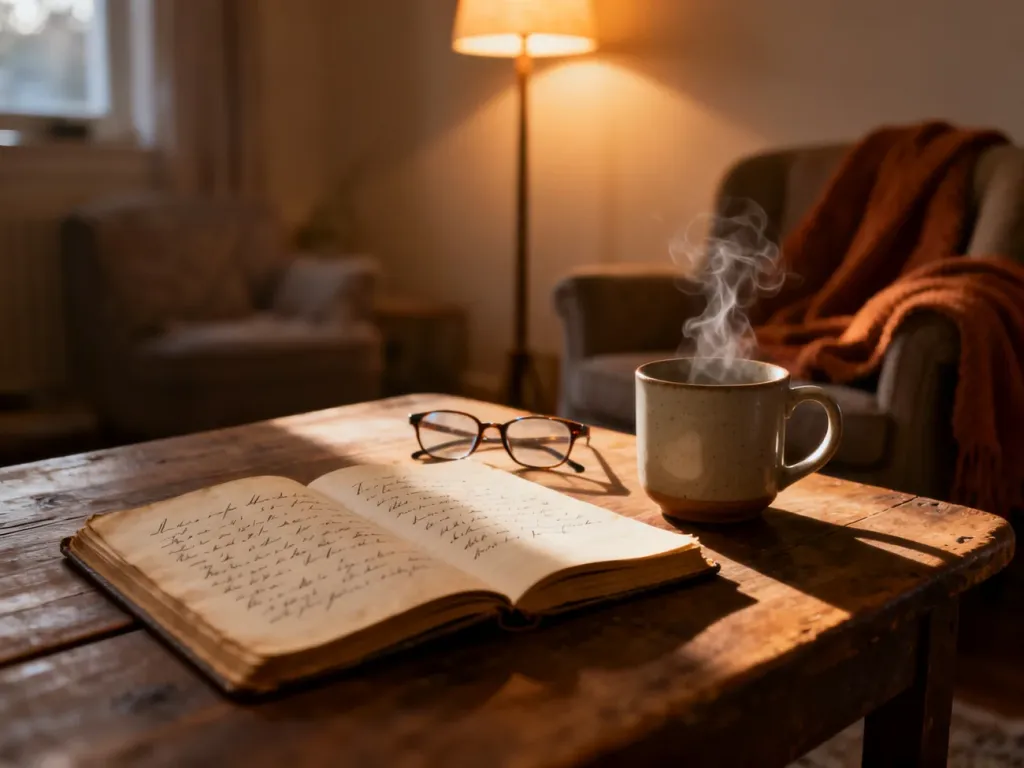 Stary notes z odręcznym tekstem i okularami na drewnianym stole, w tle ciepłe, nostalgiczne wnętrze pełne wspomnień.