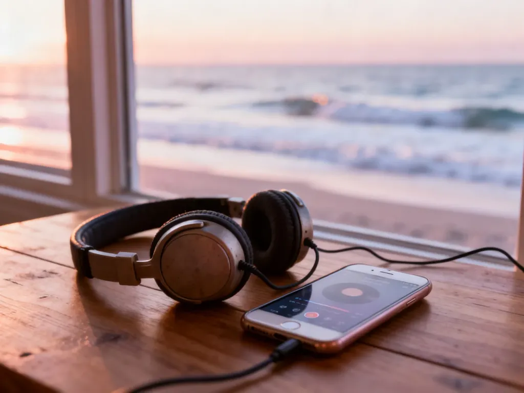 Słuchawki i smartfon z włączoną muzyką na stole, w tle rozmyte fale oceanu o zachodzie słońca, spokojny, nostalgiczny nastrój.