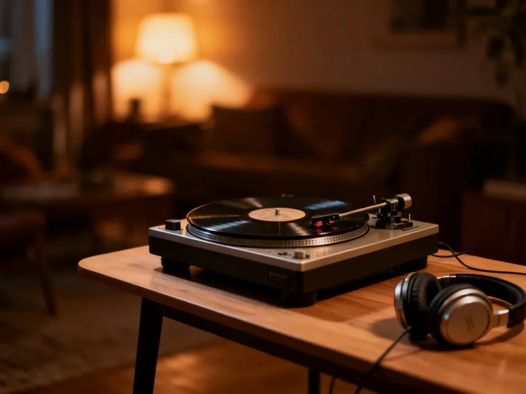 Gramofon z płytą winylową na drewnianym stole w przytulnym, nastrojowym wnętrzu, nawiązujący do klimatu muzyki The Police.