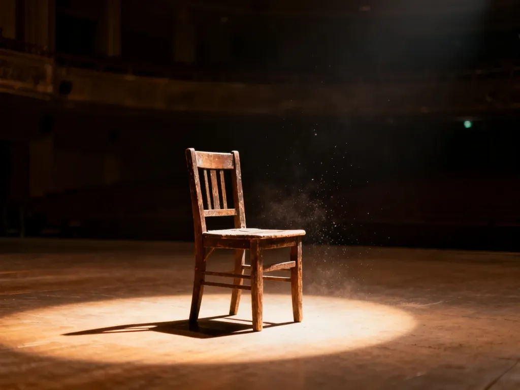 Samotne, oświetlone krzesło na pustej scenie teatralnej, oddające melancholijny klimat utworu „Mori”.