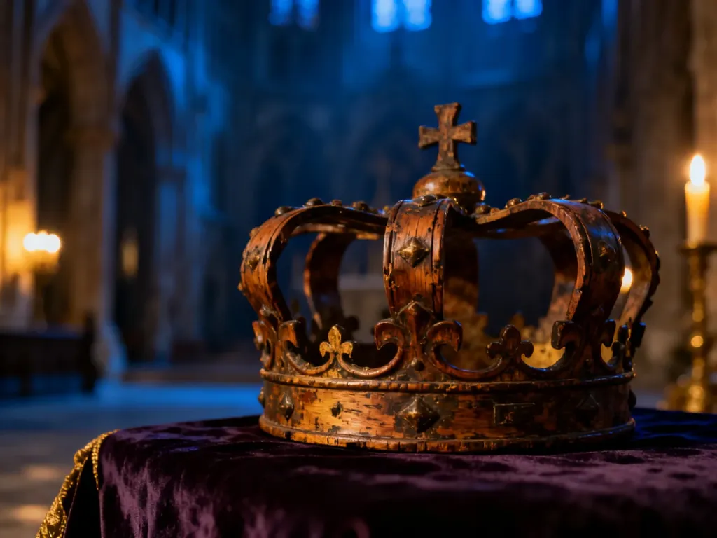 Ozdobna, drewniana korona na aksamitnym tle w mrocznym wnętrzu katedry, nawiązująca do królewskiej symboliki utworu.