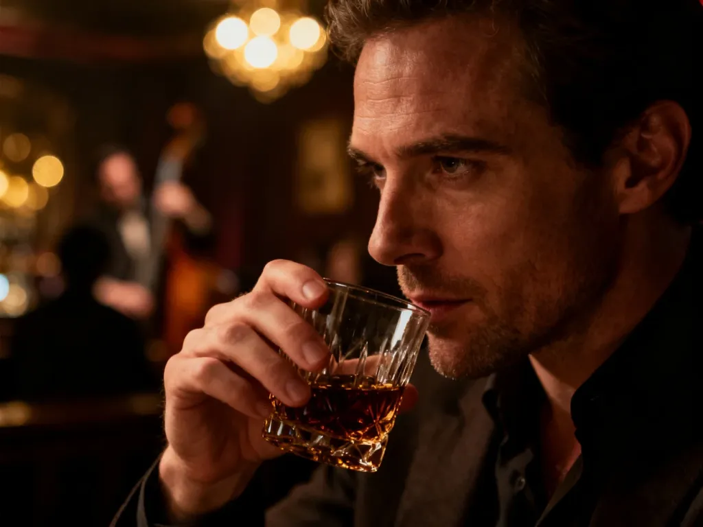 Mężczyzna z kieliszkiem whisky w nastrojowym wnętrzu klubu jazzowego, oddający melancholijny klimat utworu Hoziera.
