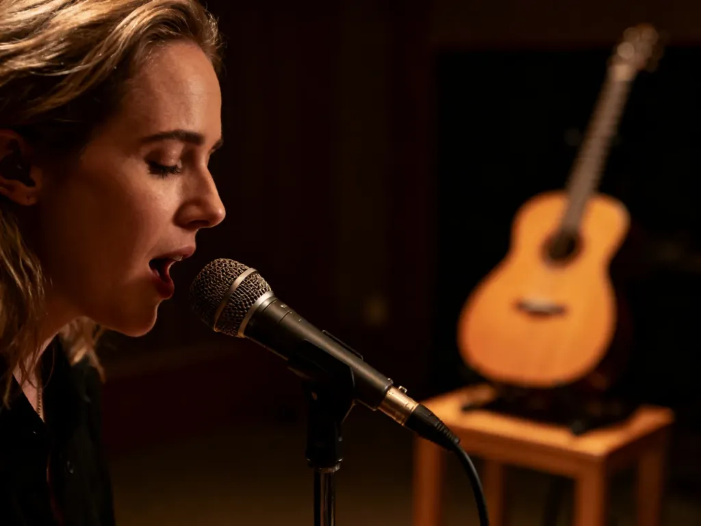Lady Gaga śpiewająca do mikrofonu w nastrojowym studiu nagraniowym.