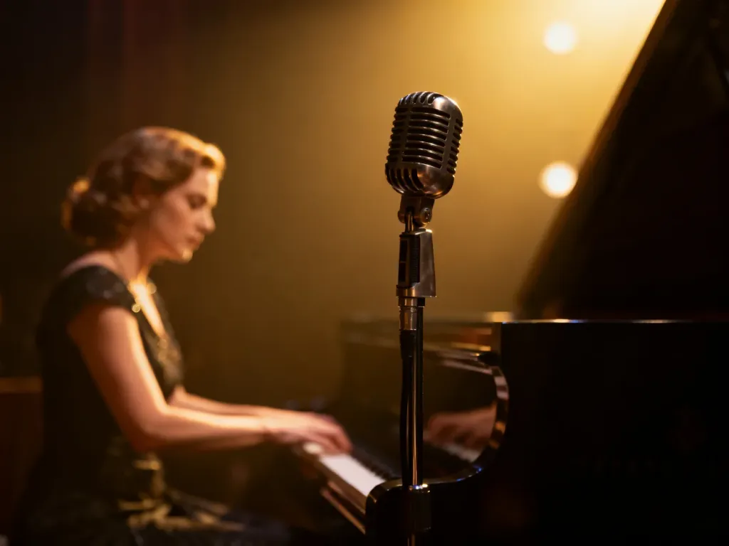 Lady Gaga grająca na pianinie w nastrojowym świetle reflektorów przy mikrofonie na scenie.