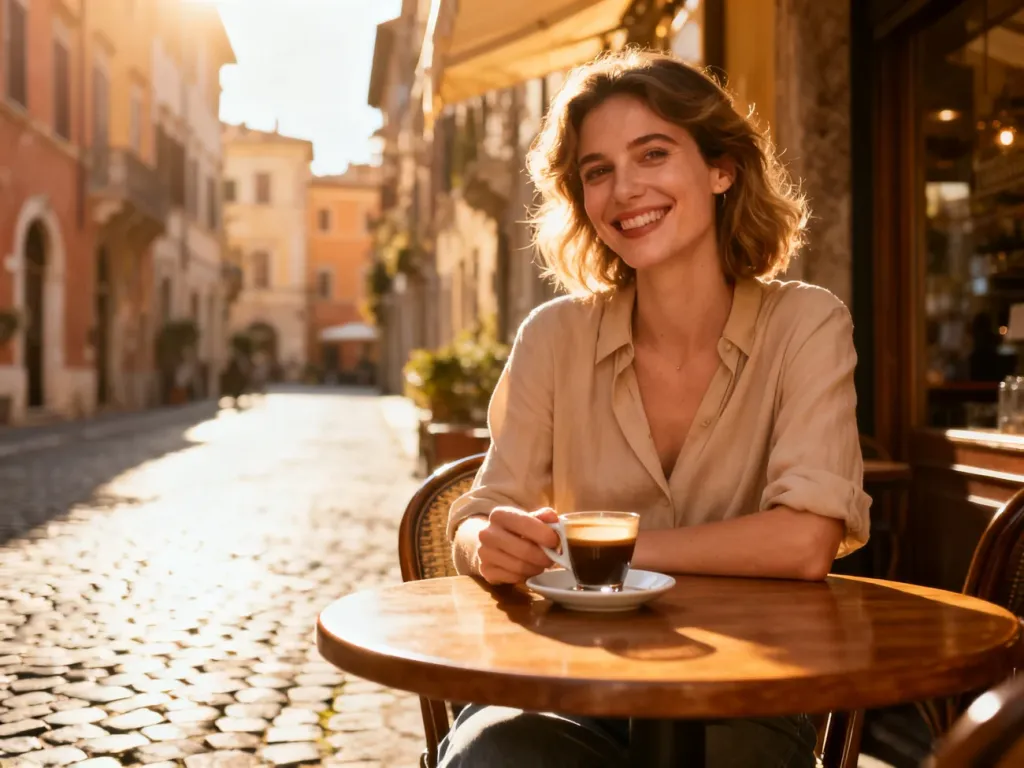 Kobieta z filiżanką espresso w słonecznej włoskiej kawiarni, oddająca romantyczny klimat piosenki „Sara perche ti amo”.