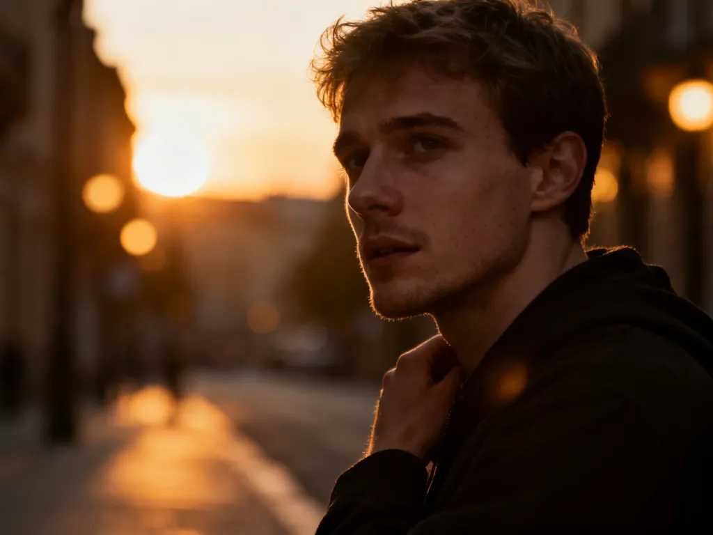 Joe Keery w nostalgicznym, filmowym portrecie na tle rozmytego miejskiego krajobrazu o zachodzie słońca.