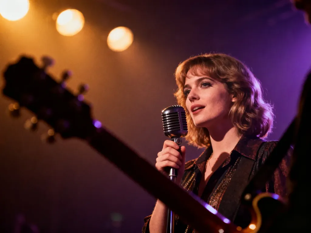 Suzi Quatro z mikrofonem na nastrojowej, koncertowej scenie w stylu lat 70. z ciepłym oświetleniem w tle.